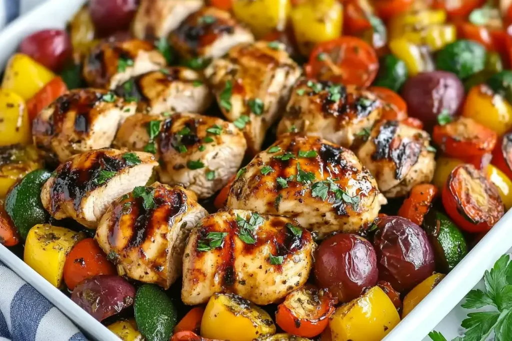 Juicy balsamic glazed chicken and veggies sliced and served fresh from the oven on a sheet pan.