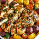 Juicy balsamic glazed chicken and veggies sliced and served fresh from the oven on a sheet pan.