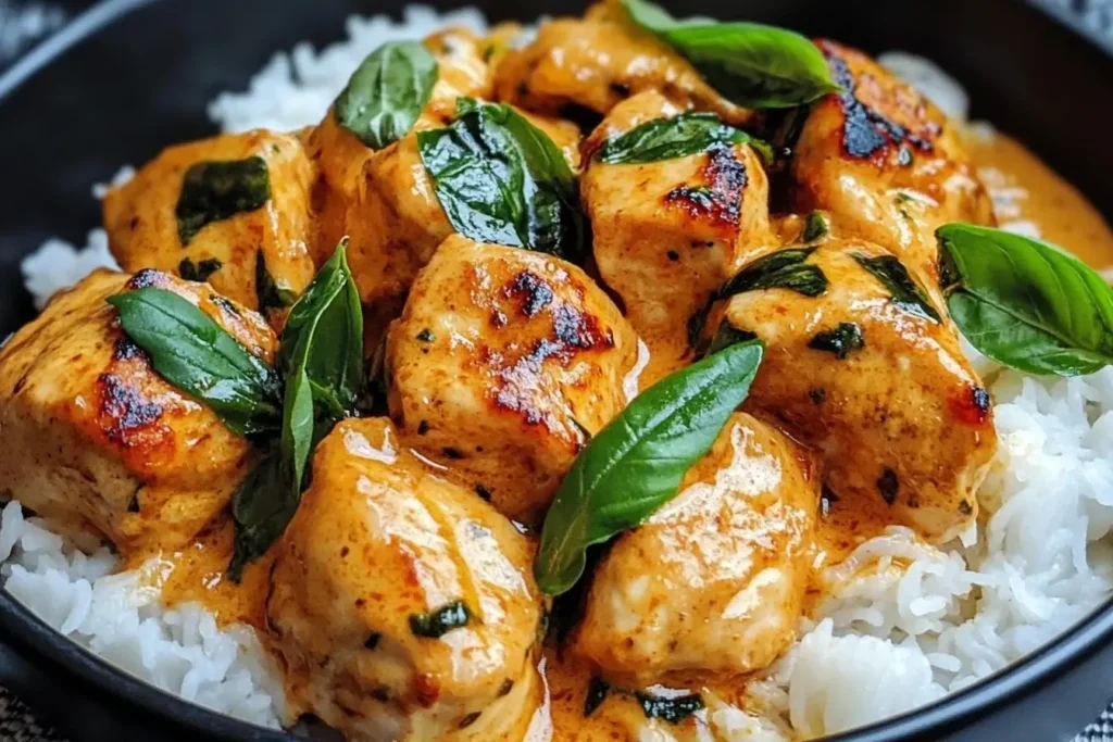Creamy Spiced Coconut Basil Chicken served over white rice in a dark bowl