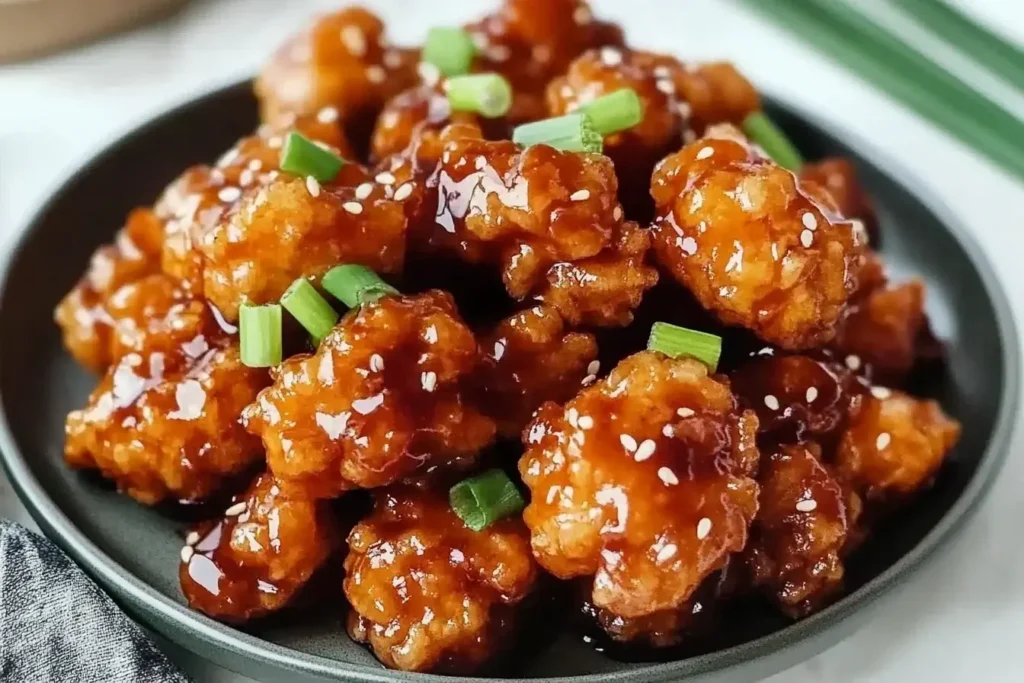 Crispy Chinese Honey Chicken topped with sesame seeds and green onions on a black plate.