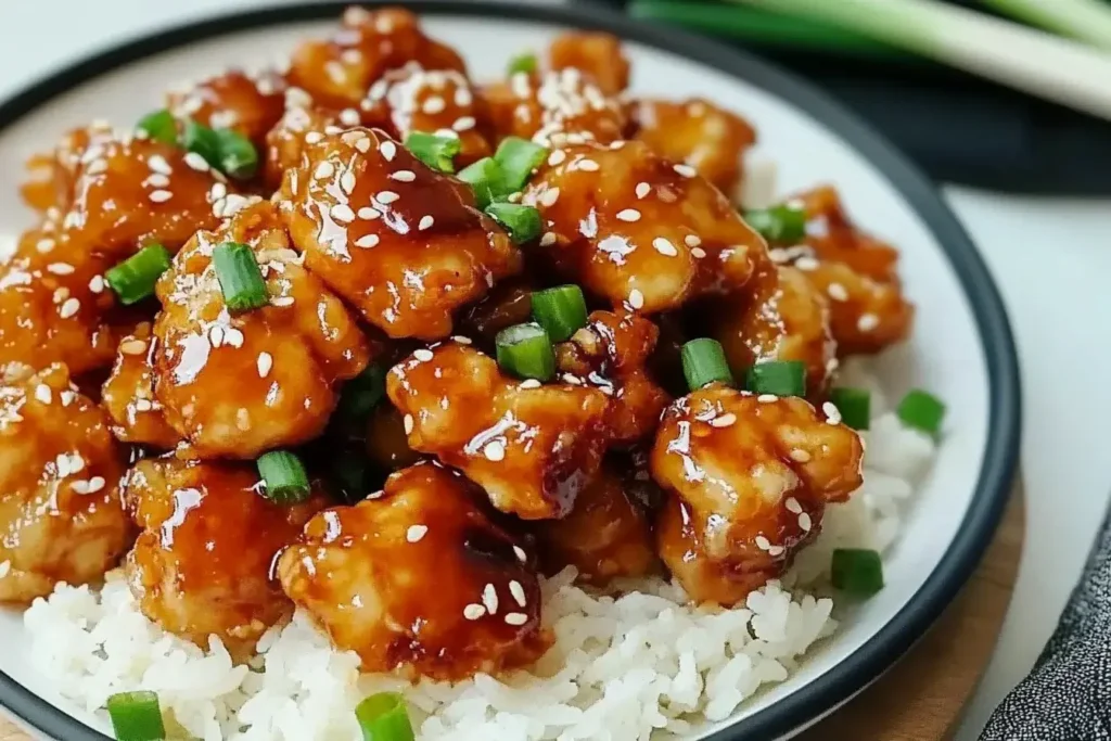 Crispy Chinese Honey Chicken served over steamed white rice, topped with sesame seeds and green onions.