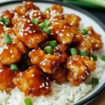 Crispy Chinese Honey Chicken served over steamed white rice, topped with sesame seeds and green onions.