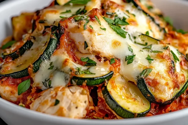 Close-up of Chicken Zucchini Bake with golden melted cheese and herbs