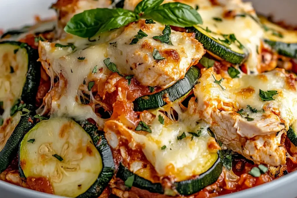 Cheesy Chicken Zucchini Bake with fresh basil and melted mozzarella