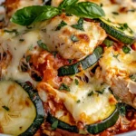 Cheesy Chicken Zucchini Bake with fresh basil and melted mozzarella