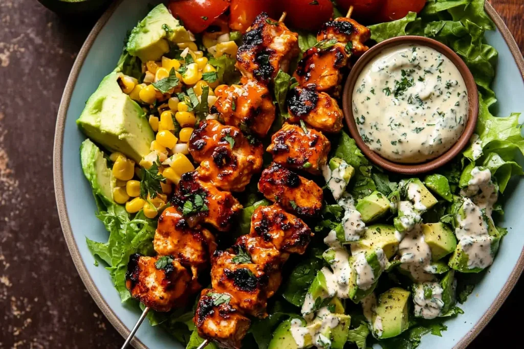 Buffalo Chicken Skewer Salad with grilled chicken, avocado, corn, and creamy herb dressing in a bowl