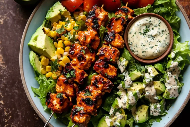 Buffalo Chicken Skewer Salad with grilled chicken, avocado, corn, and creamy herb dressing in a bowl