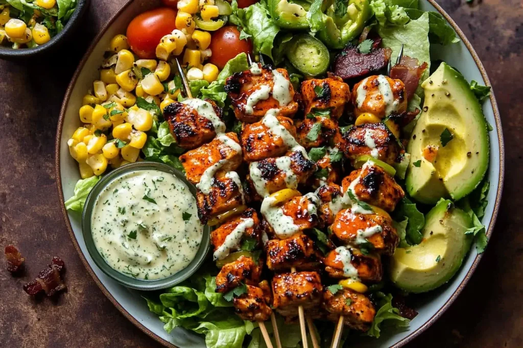 Buffalo Chicken Skewer Salad with grilled skewers, avocado, corn, and creamy dressing on a bed of fresh lettuce