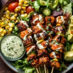 Buffalo Chicken Skewer Salad with grilled skewers, avocado, corn, and creamy dressing on a bed of fresh lettuce