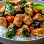 Spiced Coconut Basil Chicken served over jasmine rice in a white bowl