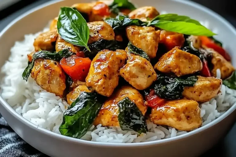 Spiced Coconut Basil Chicken served over jasmine rice in a white bowl