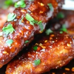 Close-up of Spicy Thai Chicken Tenders coated in a glossy, sticky Thai-style sauce and garnished with fresh cilantro.