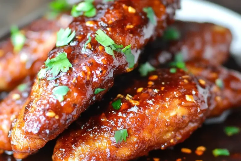 Close-up of Spicy Thai Chicken Tenders coated in a glossy, sticky Thai-style sauce and garnished with fresh cilantro.