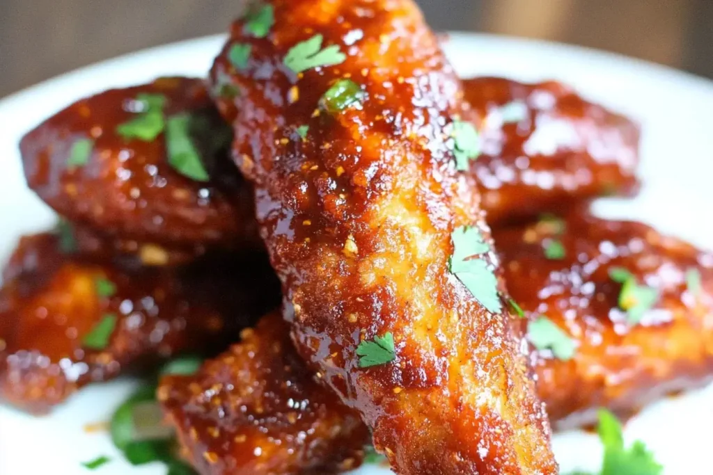 Spicy Thai Chicken Tenders coated in a glossy chili-garlic glaze and topped with fresh cilantro on a white plate.