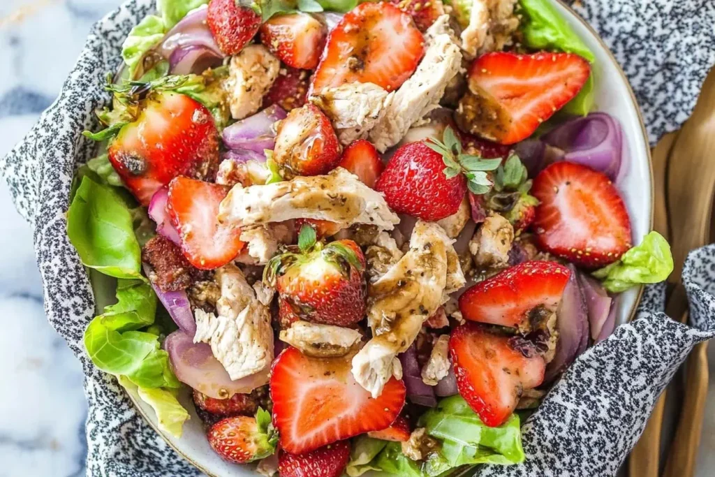Balsamic Strawberry Chicken Salad with fresh strawberries, grilled chicken, and balsamic glaze on a bed of lettuce