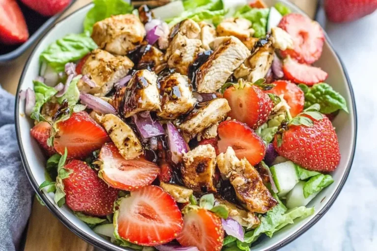 Balsamic Strawberry Chicken Salad with grilled chicken, fresh strawberries, and balsamic glaze in a bowl
