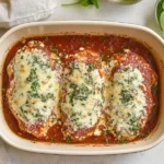 Baked Spinach Ricotta Chicken in a casserole dish topped with melted cheese and marinara
