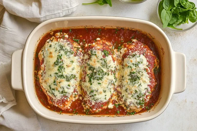 Baked Spinach Ricotta Chicken in a casserole dish topped with melted cheese and marinara