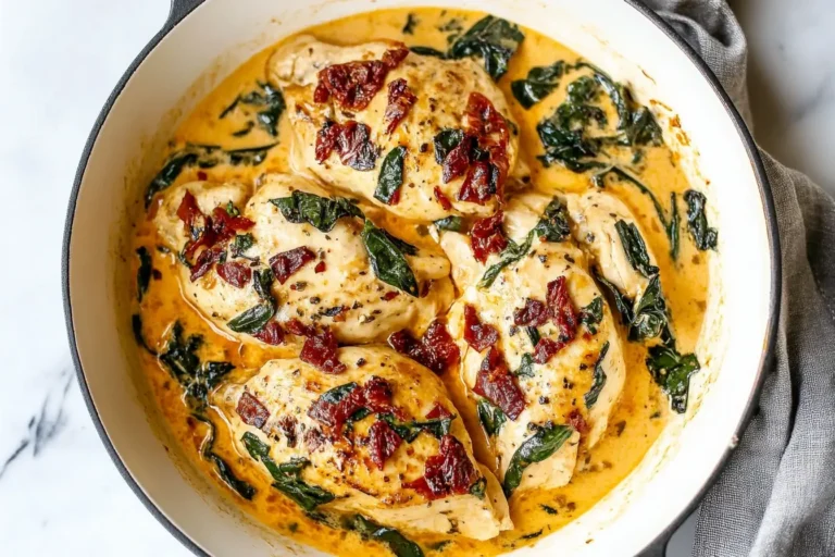 Creamy Tuscan Chicken in a skillet with sun-dried tomatoes, spinach, and garlic-Parmesan sauce.