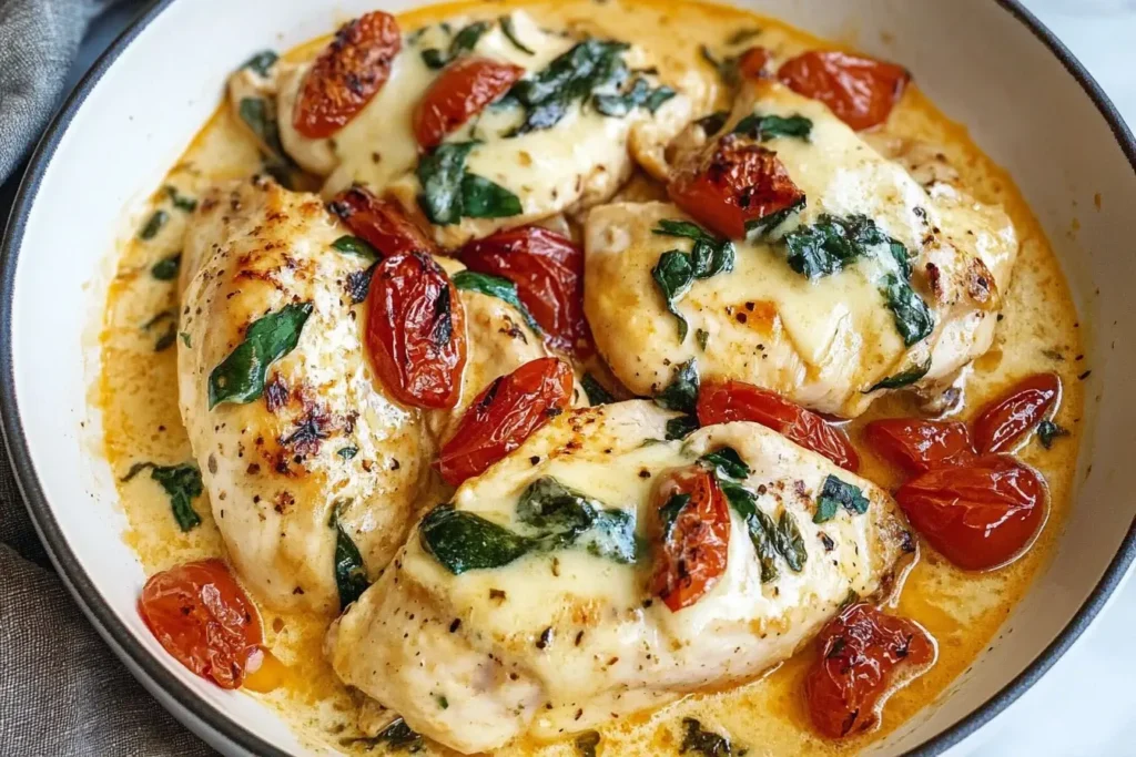 Creamy Tuscan Chicken with melted cheese, cherry tomatoes, and spinach in a rich garlic-Parmesan sauce.