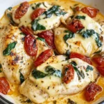 Creamy Tuscan Chicken with melted cheese, cherry tomatoes, and spinach in a rich garlic-Parmesan sauce.