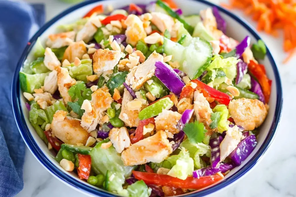 Colorful bowl of Crunchy Thai Chicken Salad with shredded vegetables, grilled chicken, peanuts, and fresh herbs.