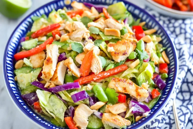 Bowl of vibrant Crunchy Thai Chicken Salad with grilled chicken, red peppers, cabbage, and peanuts.