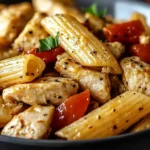 Close-up of Honey Pepper Chicken Panini Pasta with seasoned chicken, penne, and red bell peppers