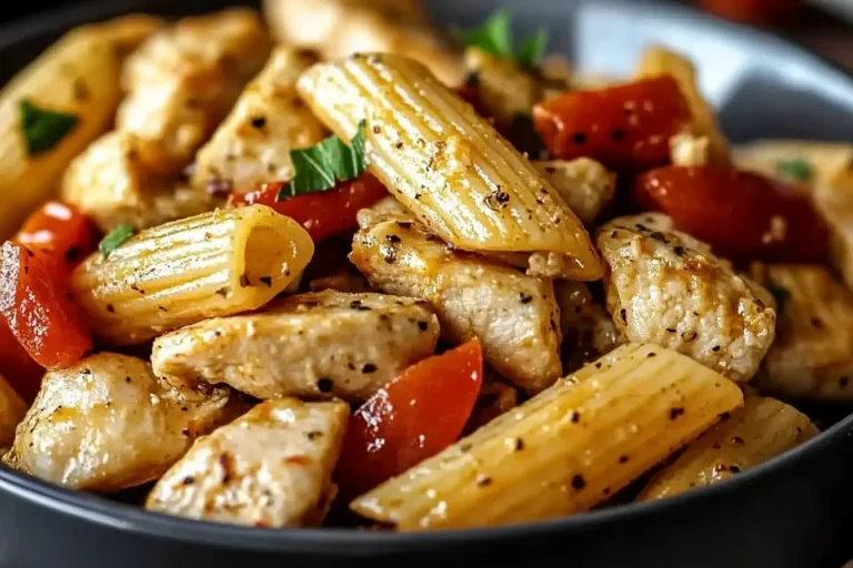 Close-up of Honey Pepper Chicken Panini Pasta with seasoned chicken, penne, and red bell peppers