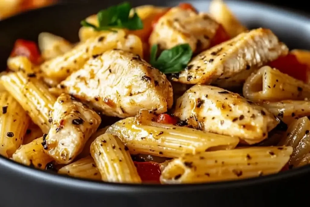 Honey Pepper Chicken Panini Pasta with tender chicken and creamy penne in a black bowl