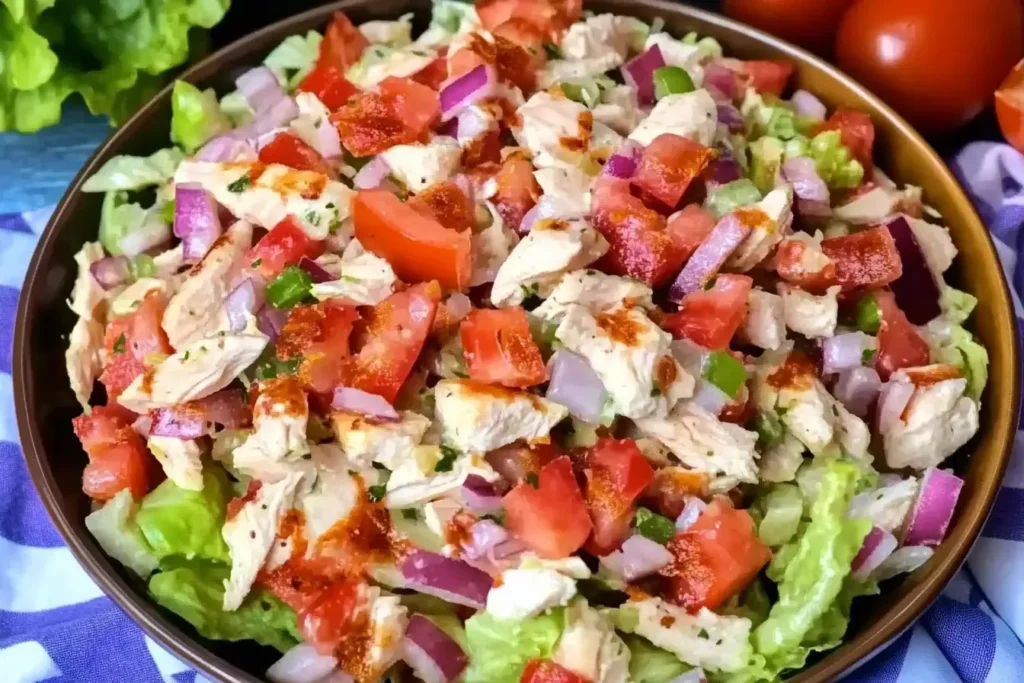 Fresh and colorful BLT Chicken Salad with tomatoes, red onions, and crisp lettuce in a bowl