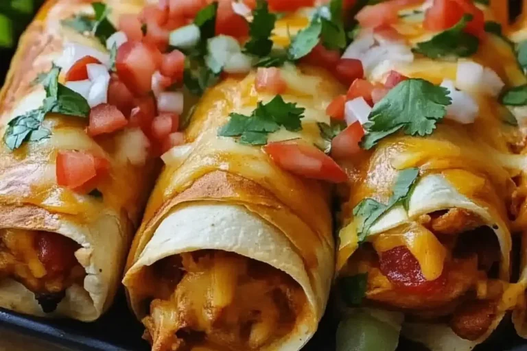 Chi-Chi Baked Chicken Chimichangas topped with melted cheese, fresh pico de gallo, and chopped cilantro.