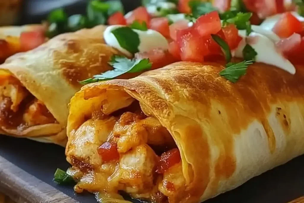 Close-up of golden, crispy Chi-Chi Baked Chicken Chimichangas filled with chicken, melted cheese, and topped with fresh pico de gallo and sour cream.