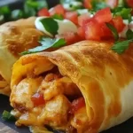 Close-up of golden, crispy Chi-Chi Baked Chicken Chimichangas filled with chicken, melted cheese, and topped with fresh pico de gallo and sour cream.