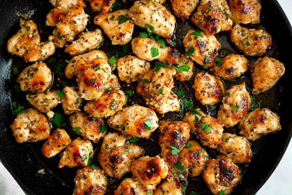 Golden garlic butter chicken bites cooked in a skillet and garnished with fresh herbs.