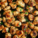 Golden garlic butter chicken bites cooked in a skillet and garnished with fresh herbs.