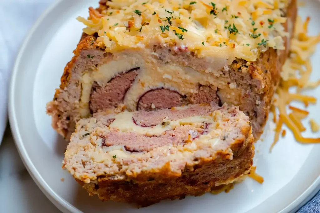 Sliced Chicken Cordon Bleu Meatloaf showing layers of ham, Swiss cheese, and seasoned ground chicken