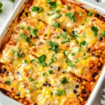 Cheesy baked Chicken Enchilada Casserole topped with cilantro in a white casserole dish