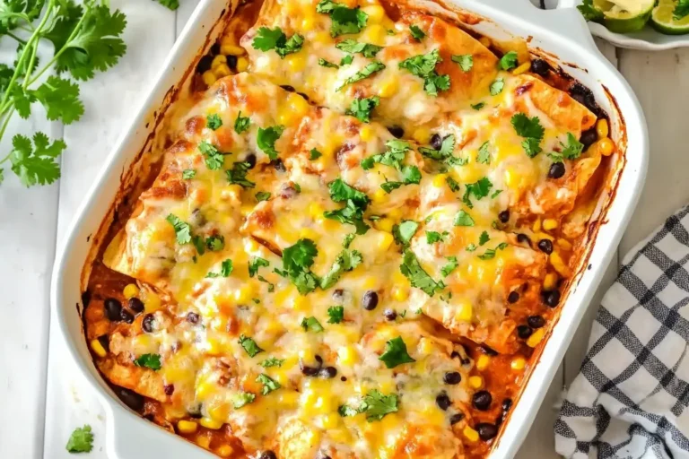 Cheesy baked Chicken Enchilada Casserole topped with cilantro in a white casserole dish