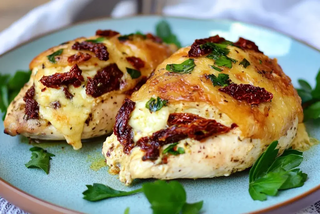 Close-up of baked Sun Dried Tomato Stuffed Chicken breasts with melted cheese and fresh parsley on a plate.