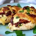 Close-up of baked Sun Dried Tomato Stuffed Chicken breasts with melted cheese and fresh parsley on a plate.