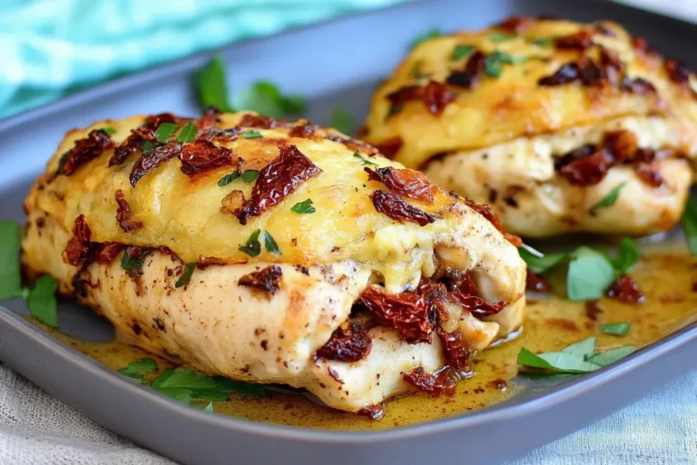 Sun Dried Tomato Stuffed Chicken breast with melted cheese, garnished with herbs, on a gray serving tray.