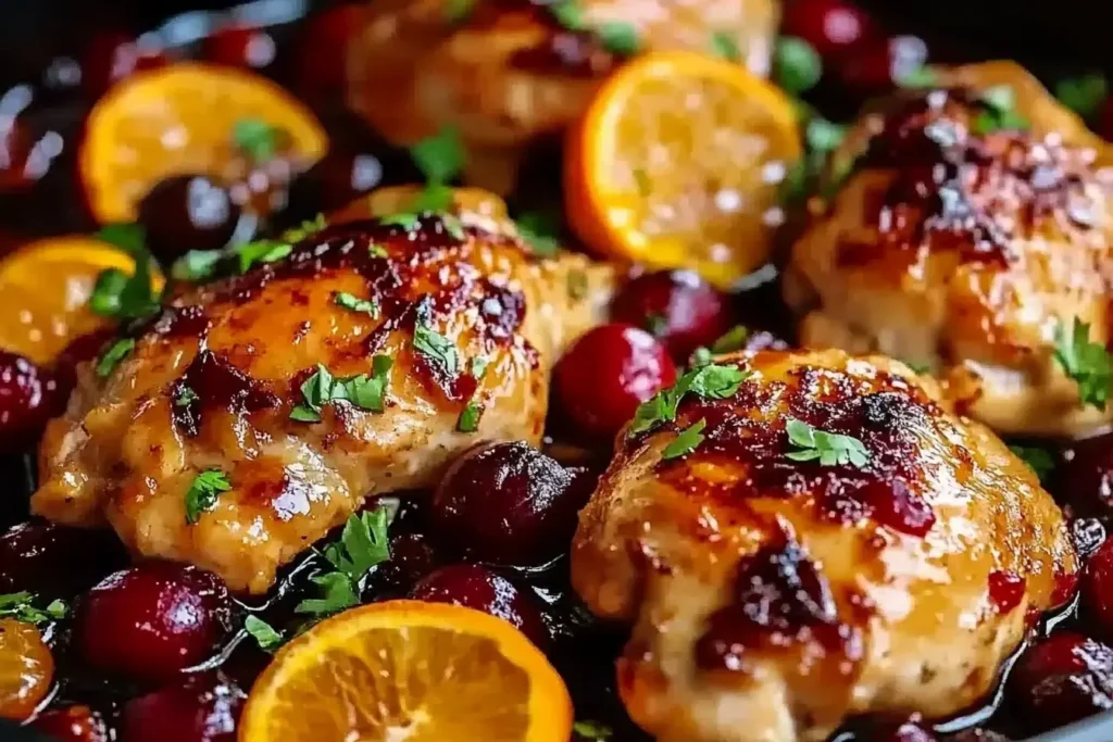 Cranberry Orange Chicken glazed with citrus sauce and garnished with herbs in a skillet