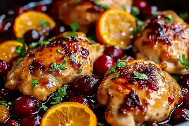 Cranberry Orange Chicken glazed with citrus sauce and garnished with herbs in a skillet