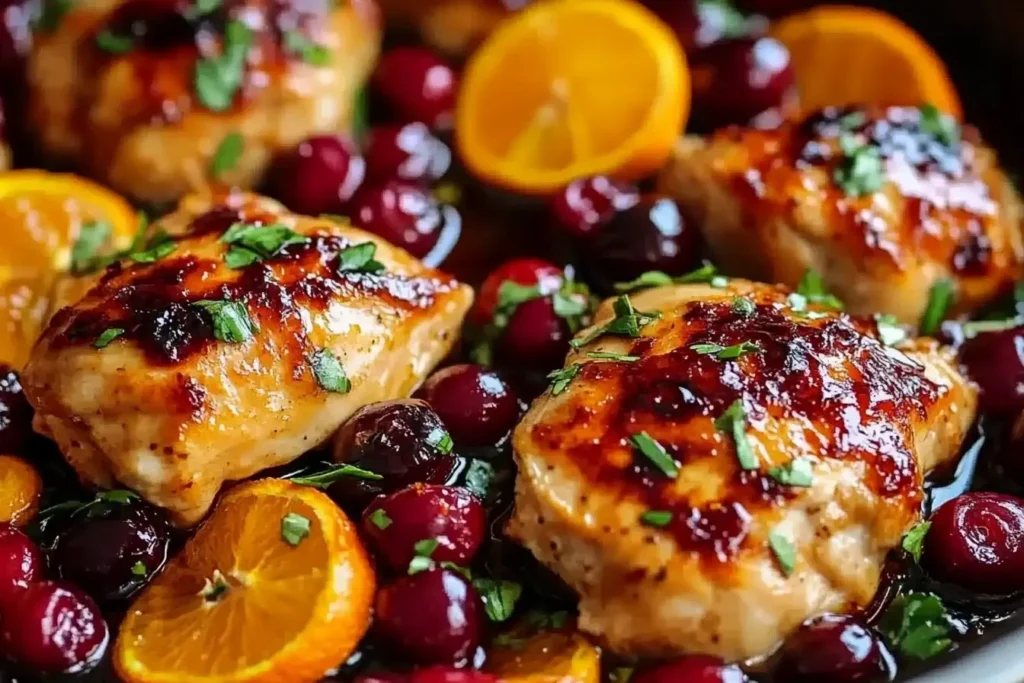 Cranberry Orange Chicken with fresh herbs, cranberries, and orange slices in a skillet