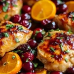 Cranberry Orange Chicken with fresh herbs, cranberries, and orange slices in a skillet