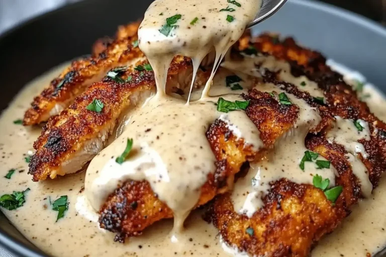 Crispy Parmesan Chicken with a Rich Garlic Sauce served in a skillet