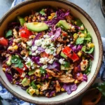 Bright and fresh Chipotle Chicken Chopped Salad with red cabbage, avocado, black beans, and crumbled cheese in a rustic bowl.