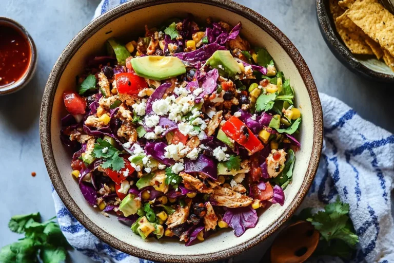 Bright and fresh Chipotle Chicken Chopped Salad with red cabbage, avocado, black beans, and crumbled cheese in a rustic bowl.