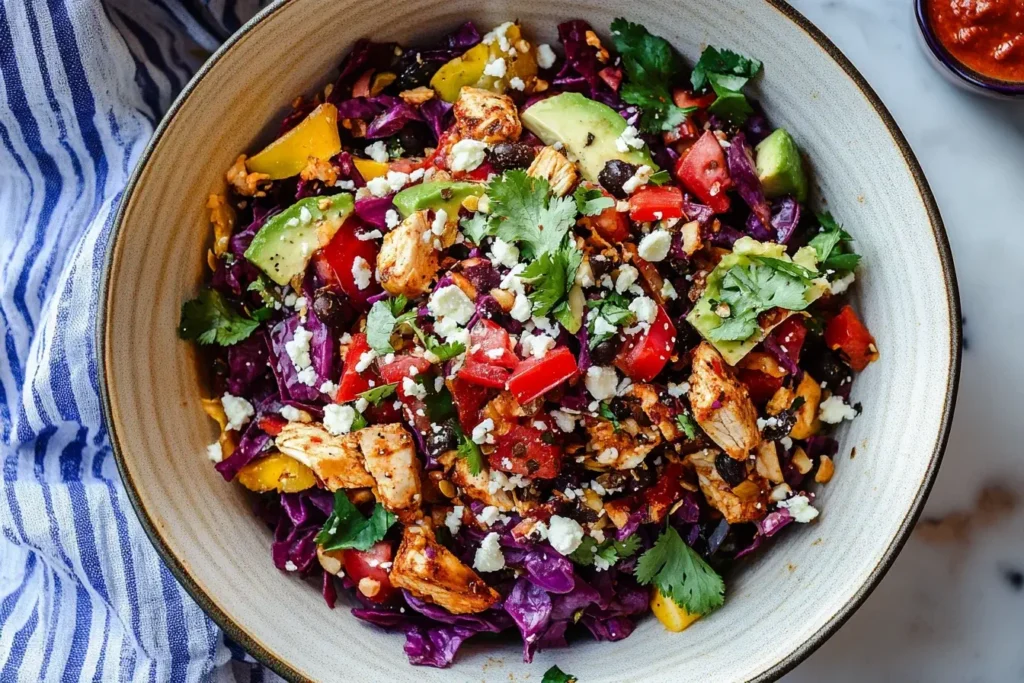 Colorful Chipotle Chicken Chopped Salad with avocado, black beans, and feta cheese in a ceramic bowl.